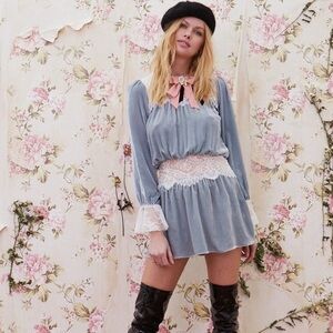 For Love and Lemons Beatrix Lace Velvet Mini Dress Powder Blue